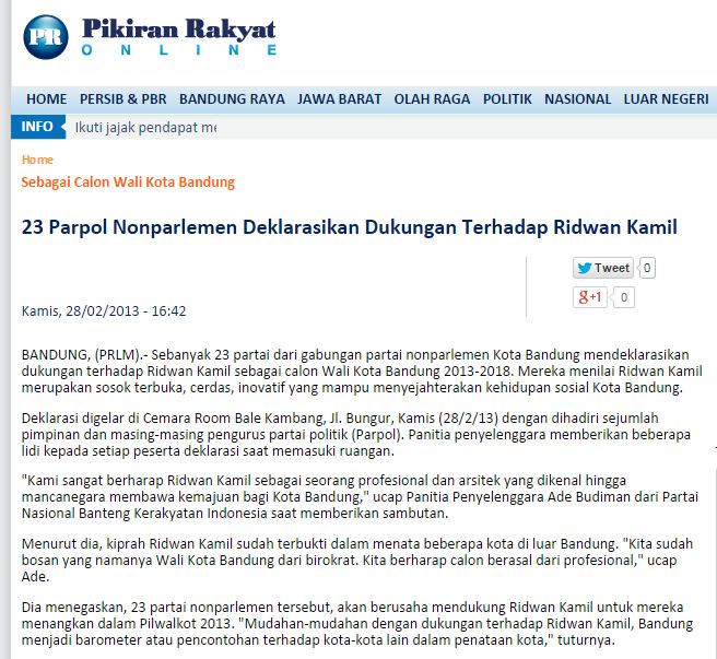 Artikel dukungan 23 Parpol Non Parlemen pada Ridwan Kamil. Sebagian besar Parpol ini kemudian pindah kubu di awal masa kampanye.